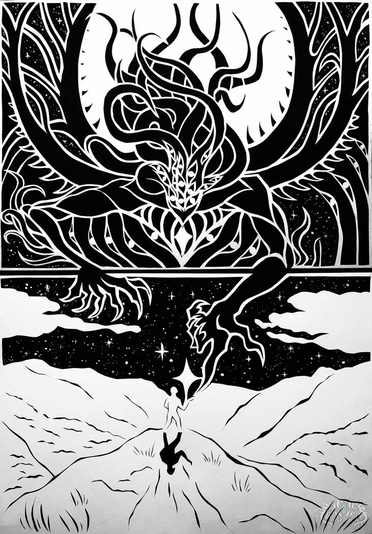Cosmic Meeting ✦ 17.25" x 12", Papercut and Gouache, Winner of the 2023 AFA Visual Arts Virtual Exhibition Scott Northern Wake Campus Provost Award